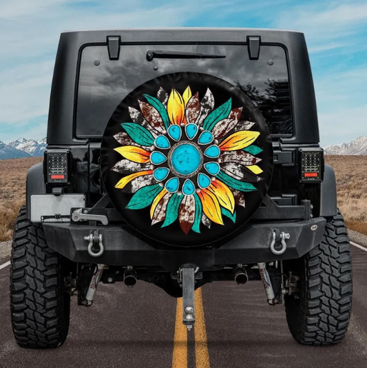 Turquoise Sunflower Spare Tire Cover