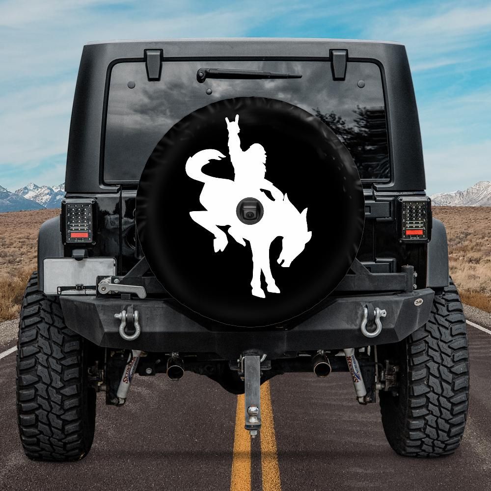 Spare tire cover with Bigfoot riding Bronco horse