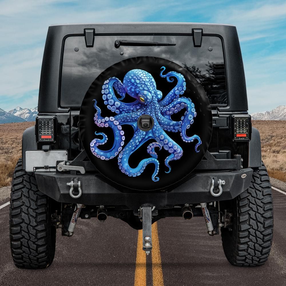 blue octopus spare tire cover with backup camera hole for jeep