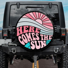 Load image into Gallery viewer, summer jeep tire cover, here comes the sun tire cover, pink tire cover for jeep, wrangler tire cover, summer tire cover
