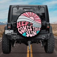 Load image into Gallery viewer, summer jeep tire cover with backup camera hole, here comes the sun tire cover, pink tire cover for jeep, wrangler tire cover, summer tire cover
