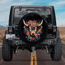 Load image into Gallery viewer, highland cow tire cover, jeep tire cover, bronco tire cover, unique tire covers for jeep, wrangler tire cover with backup camera hole
