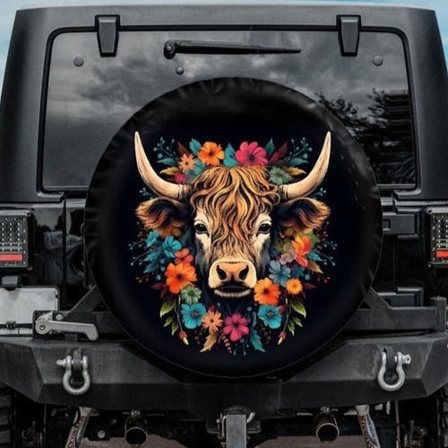 highland cow tire cover, jeep tire cover, bronco tire cover, unique tire covers for jeep, wrangler tire cover