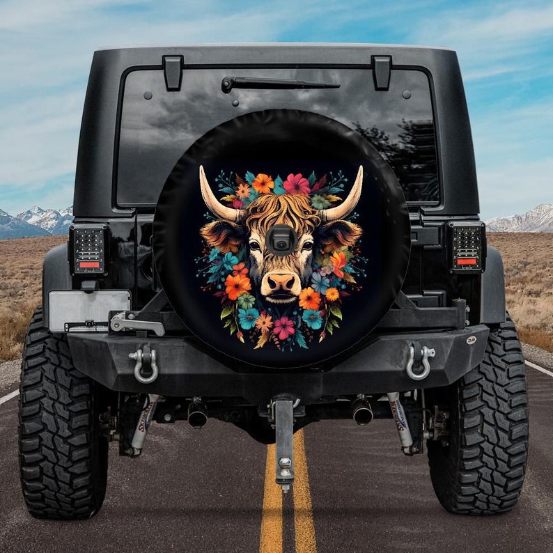 highland cow tire cover, jeep tire cover, bronco tire cover, unique tire covers for jeep, wrangler tire cover with backup camera hole