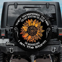Load image into Gallery viewer, I am the storm jeep tire cover with orange cheetah sunflower
