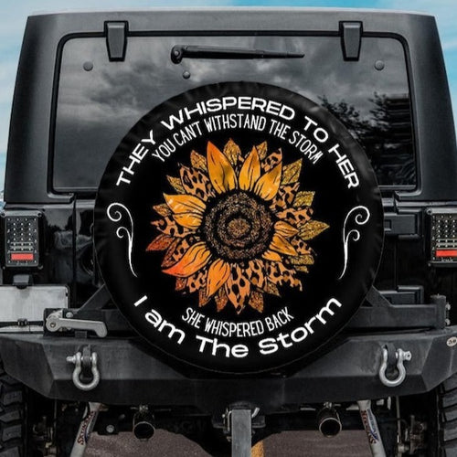 I am the storm jeep tire cover with orange cheetah sunflower