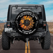Load image into Gallery viewer, i am the storm jeep tire cover with sunflower backup camera hole
