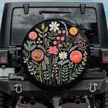 Load image into Gallery viewer, jeep tire cover, botanical tire cover, unique spare tire cover with floral design, faux embroidery tire cover
