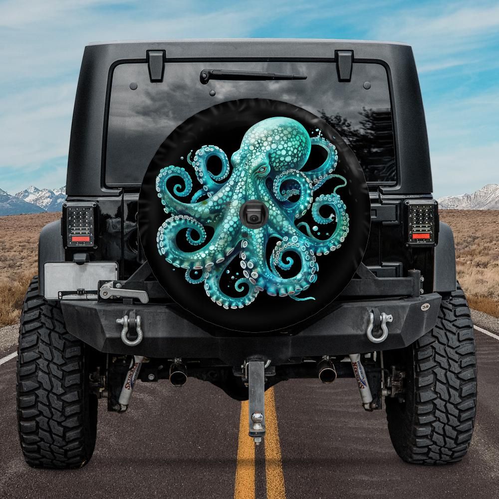teal jeep tire cover with octopus design and rear camera hole, unique spare tire covers
