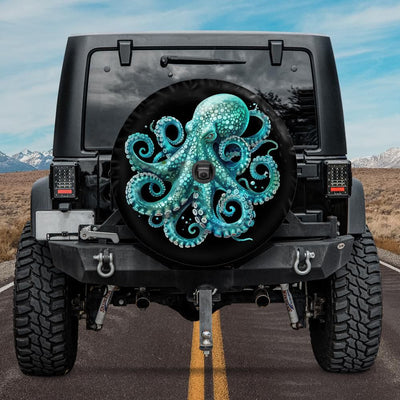 teal jeep tire cover with octopus design and rear camera hole, unique spare tire covers