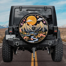 Load image into Gallery viewer, jeep tire cover with backup camera hole, boho tire cover, camping tire cover, embroidery tire cover with mountain landscape
