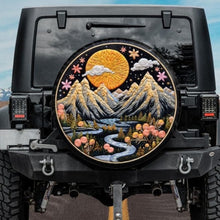 Load image into Gallery viewer, jeep tire cover, boho tire cover, camping tire cover, embroidery tire cover with mountain landscape
