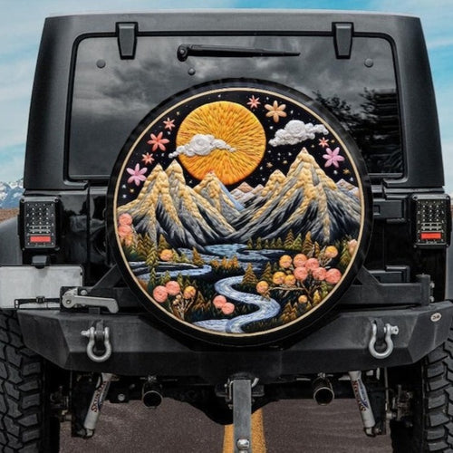 jeep tire cover, boho tire cover, camping tire cover, embroidery tire cover with mountain landscape