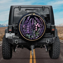 Load image into Gallery viewer, jeep tire cover, wrangler tire cover with backup camera hole, bogo tire cover, embroidery tire cover, botanical tire cover, lavender tire cover
