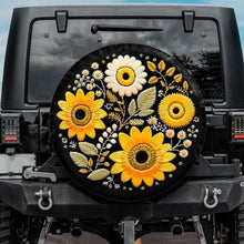 Load image into Gallery viewer, jeep tire cover with sunflower design, faux embroidery tire cover, boho tire cover
