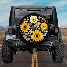Load image into Gallery viewer, jeep tire cover with sunflower design, faux embroidery tire cover, boho tire cover, backup camera hole, jeep girl
