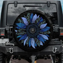 Load image into Gallery viewer, jeep tire cover with blue sunflower and backup camera hole
