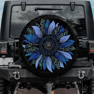 jeep tire cover with blue sunflower and backup camera hole
