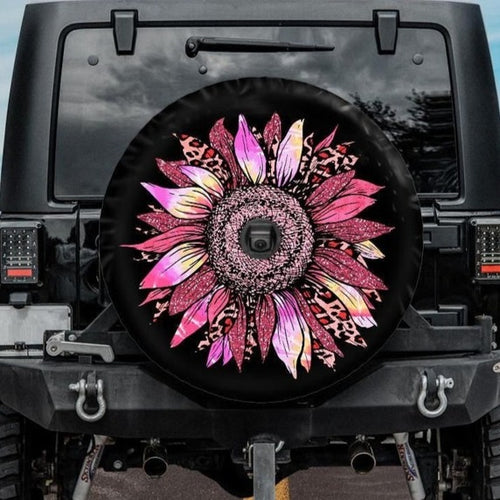 pink sunflower jeep tire cover with backup camera hole