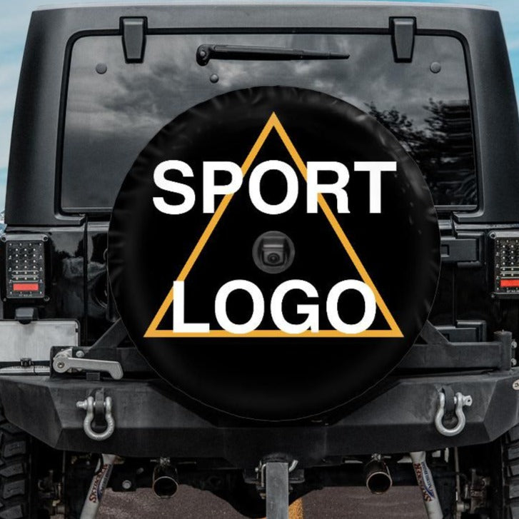 custom sport logo jeep tire cover, custom jeep tire cover with backup camera hole