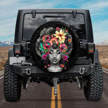 Load image into Gallery viewer, black gilr jeep tire cover, black woman spare tire cover, melanin girl jeep tire cover, girly jeep tire cover with backup camera hole
