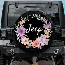 Load image into Gallery viewer, jeep tire cover flower wreath, boho jeep tire cover, wrangler tire cover, girly jeep tire cover, spare wheel cover for girls
