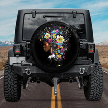 Load image into Gallery viewer, black woman jeep tire cover with backup camera hole, black woman spare tire cover, black girl jeep tire cover with rear camera hole, girly jeep tire cover backup camera hole
