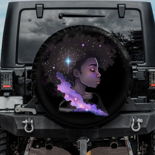 jeep tire cover for black girl, black woman galaxy hair jeep tire cover