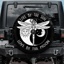 Load image into Gallery viewer, dragonfly jeep tire cover, dragonfly spare tire cover, boho jeep tire cover, live by the sun love by the moon tire cover black and white
