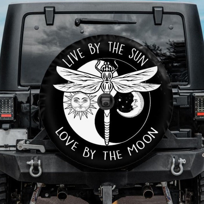 dragonfly jeep tire cover, dragonfly spare tire cover, boho jeep tire cover, live by the sun love by the moon tire cover black and white