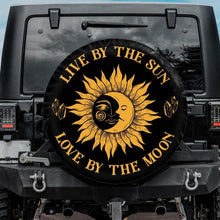 Load image into Gallery viewer, live by the sun love by the moon jeep tire cover, boho jeep tire cover, boho tire cover, orange jeep tire cover
