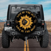 Load image into Gallery viewer, boho jeep tire cover with backup camera hole, live by the sun love by the moon jeep tire cover
